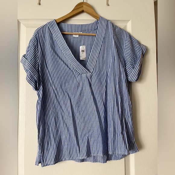 Blue pin striped short sleeve blouse - Picture 1 of 3
